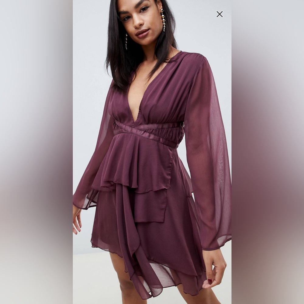 ASOS DESIGN chiffon mini dress rara skirt and flared sleeves in purple/ plum